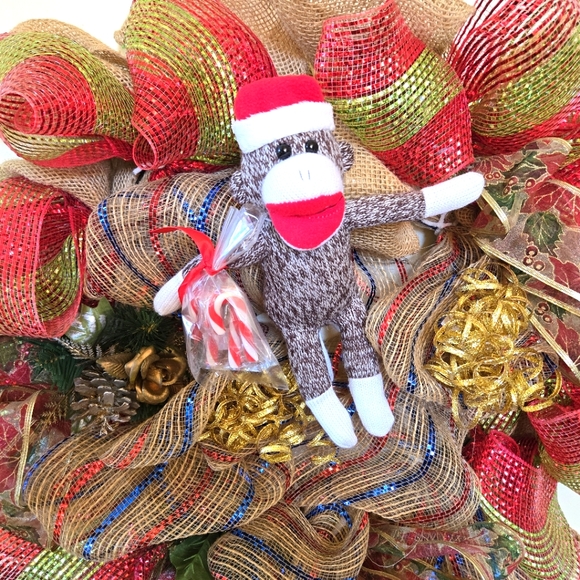 Handcrafted Burlap & Mesh Sock Monkey 24" Christmas Wreath - Picture 7 of 13